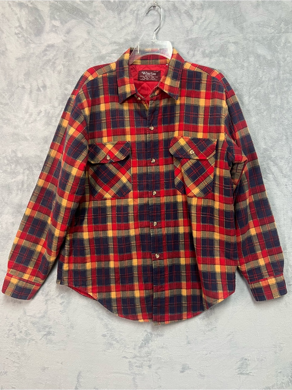 Vtg 80s Wharton Quilted Lined Flannel Shirt Jacket Shacket Mens L Red Gold Plaid